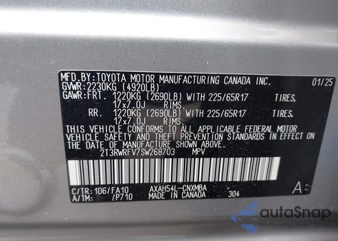 2025 Toyota Rav4 Hybrid Xle z USA, uszkodzony, nr VIN 2T3RWRFV7SW268703